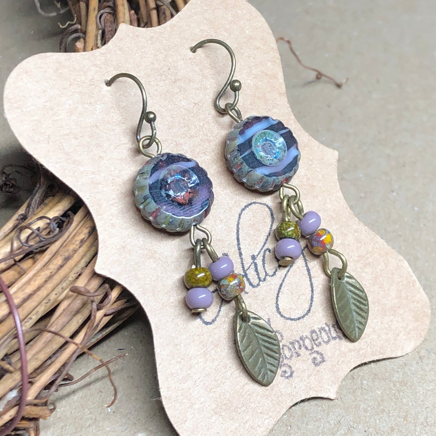 Purple Czech glass flower earrings