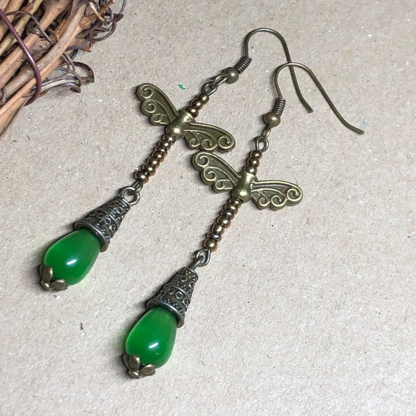 Long green and dragonfly earrings