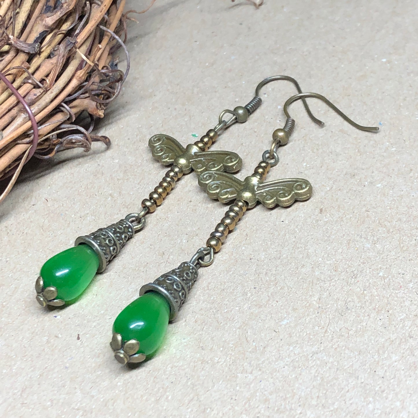 Long green and dragonfly earrings