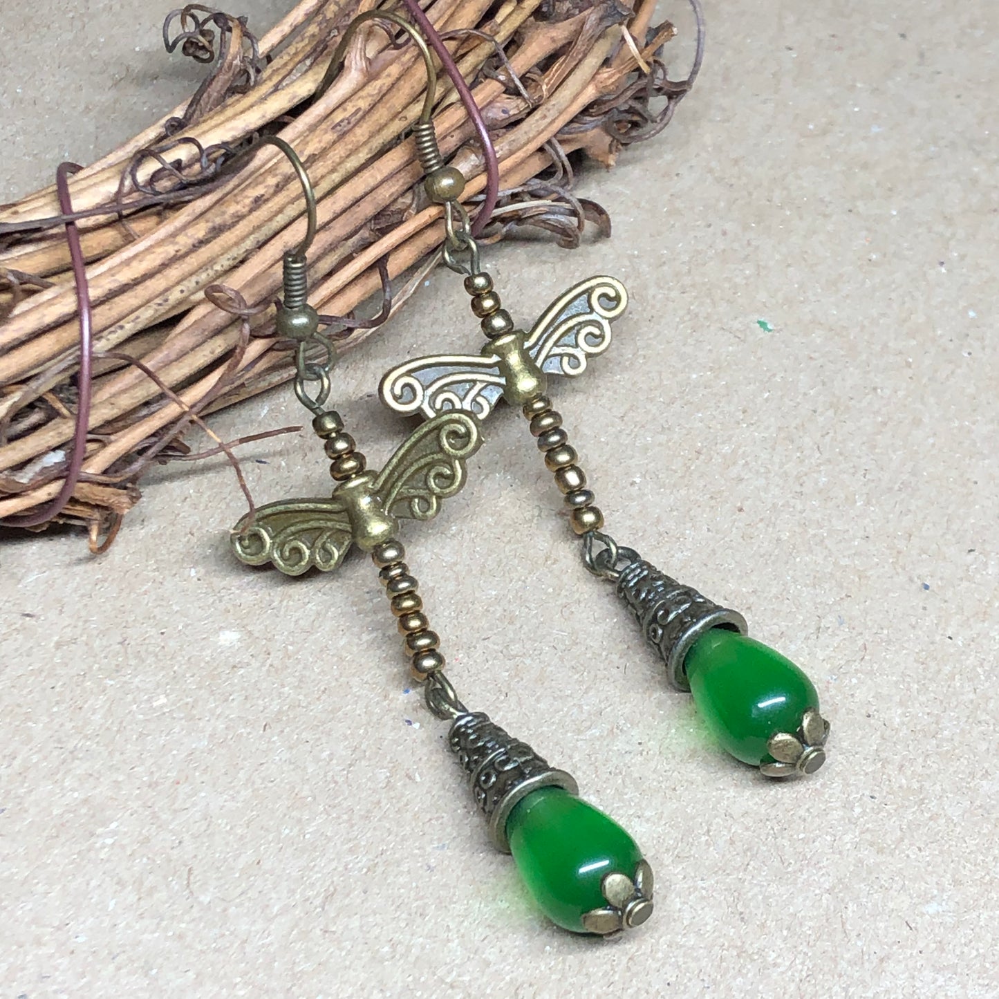 Long green and dragonfly earrings