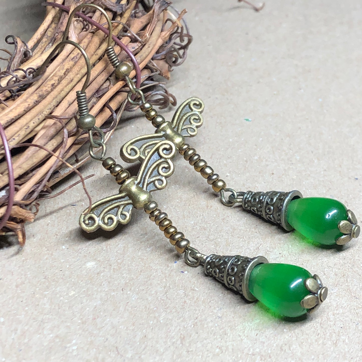 Long green and dragonfly earrings