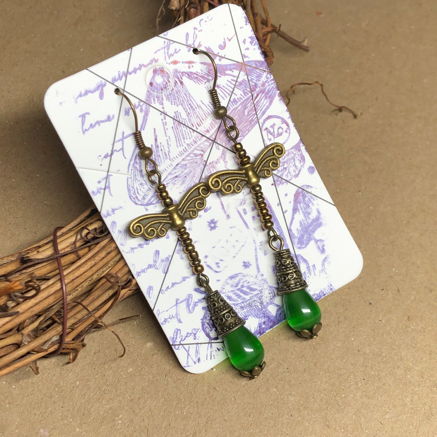 Long green and dragonfly earrings