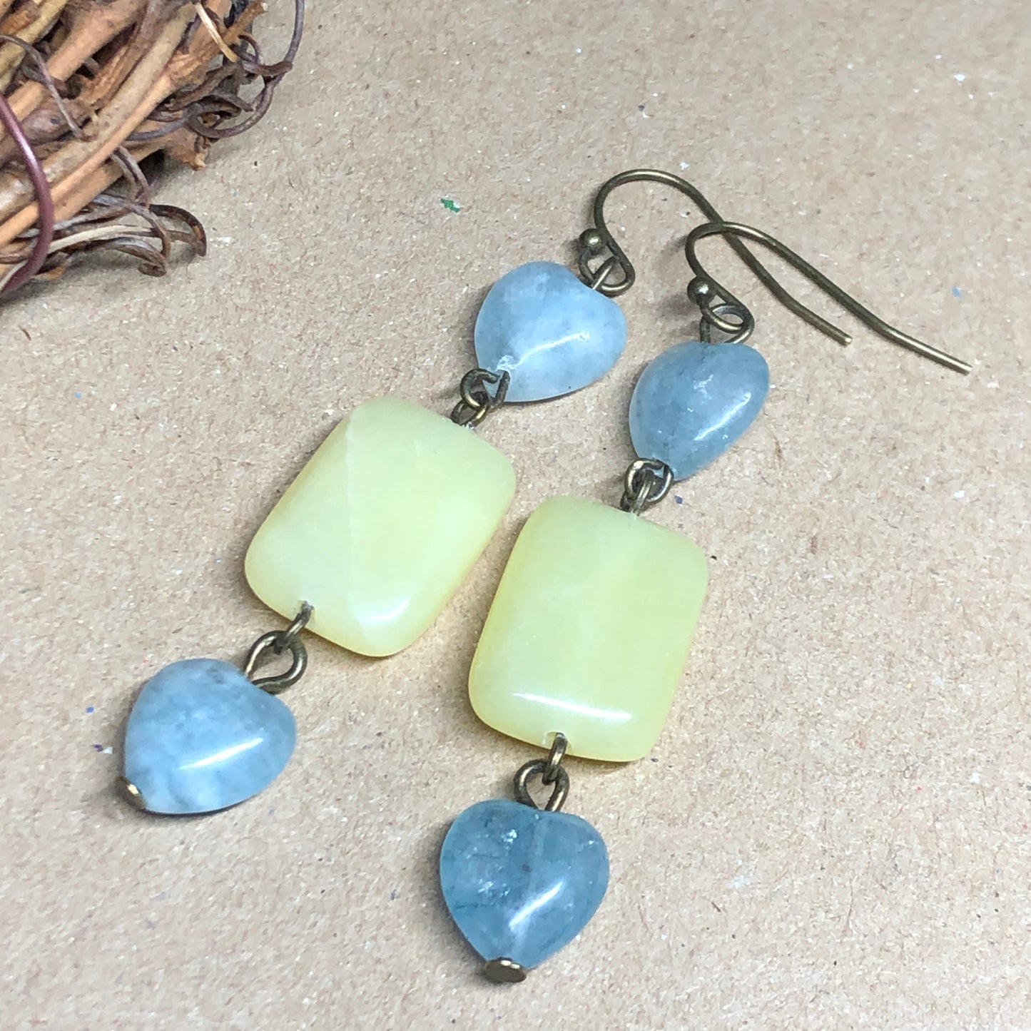 Aquamarine heart and lemon Jade earrings