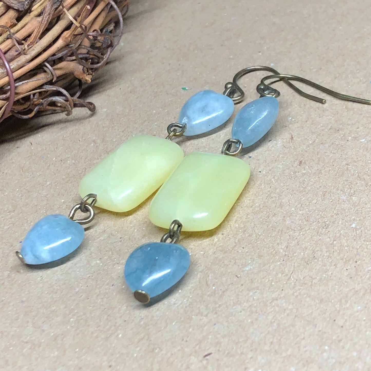 Aquamarine heart and lemon Jade earrings