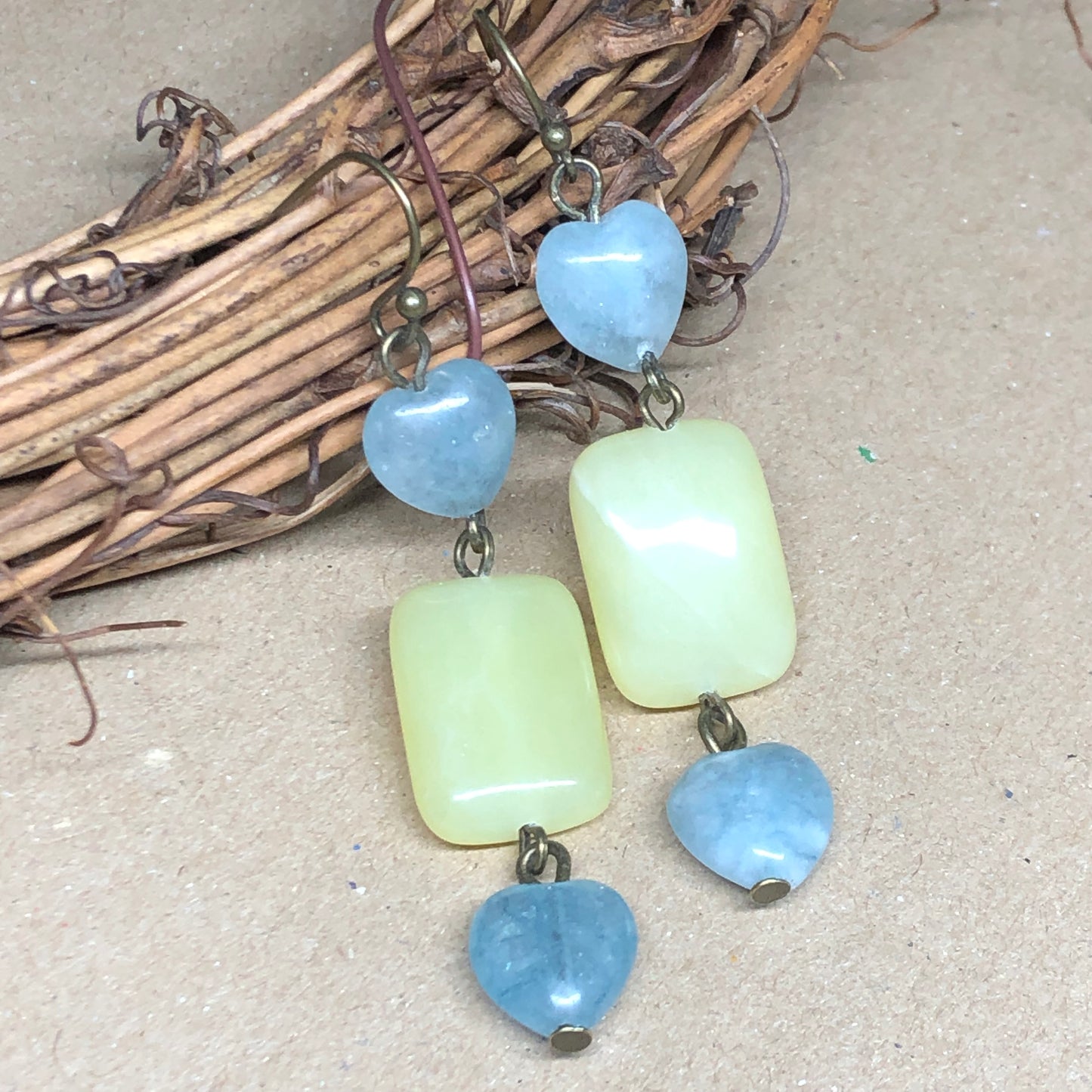 Aquamarine heart and lemon Jade earrings