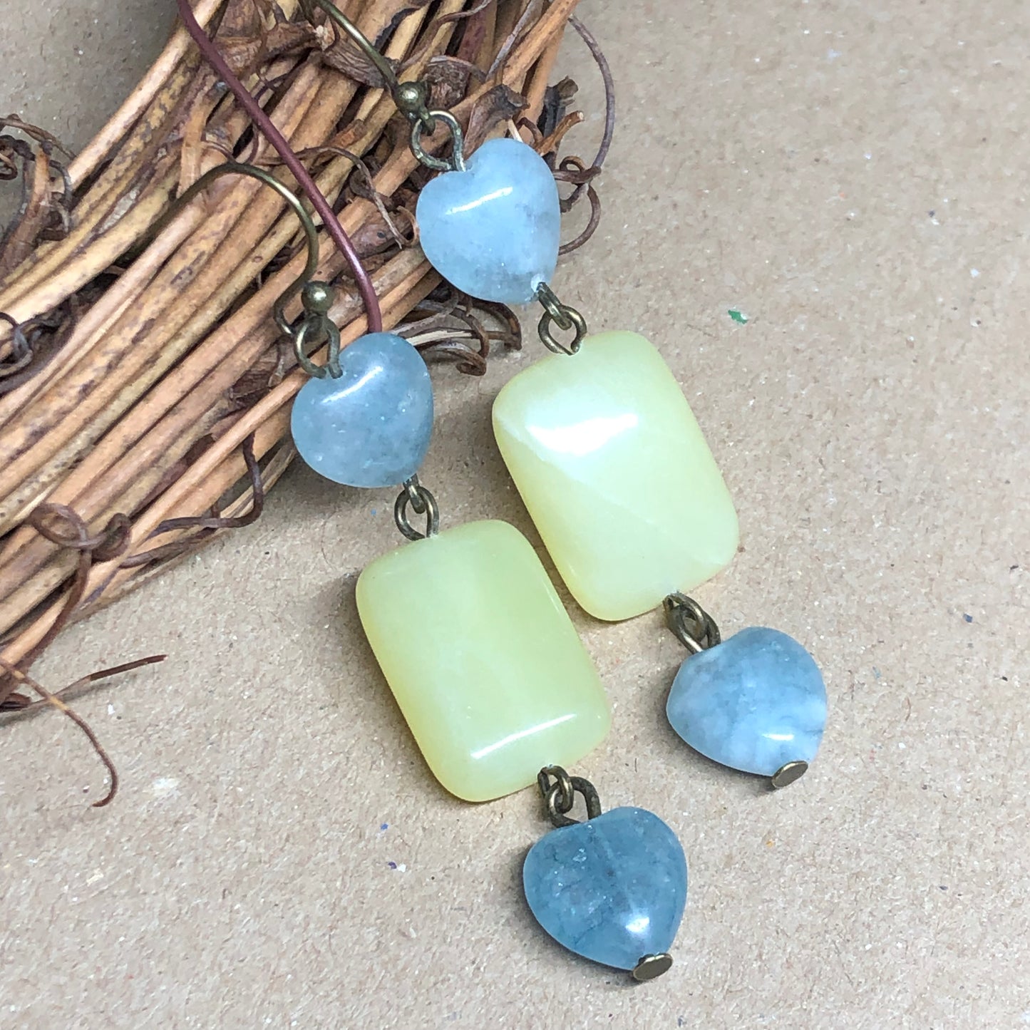 Aquamarine heart and lemon Jade earrings