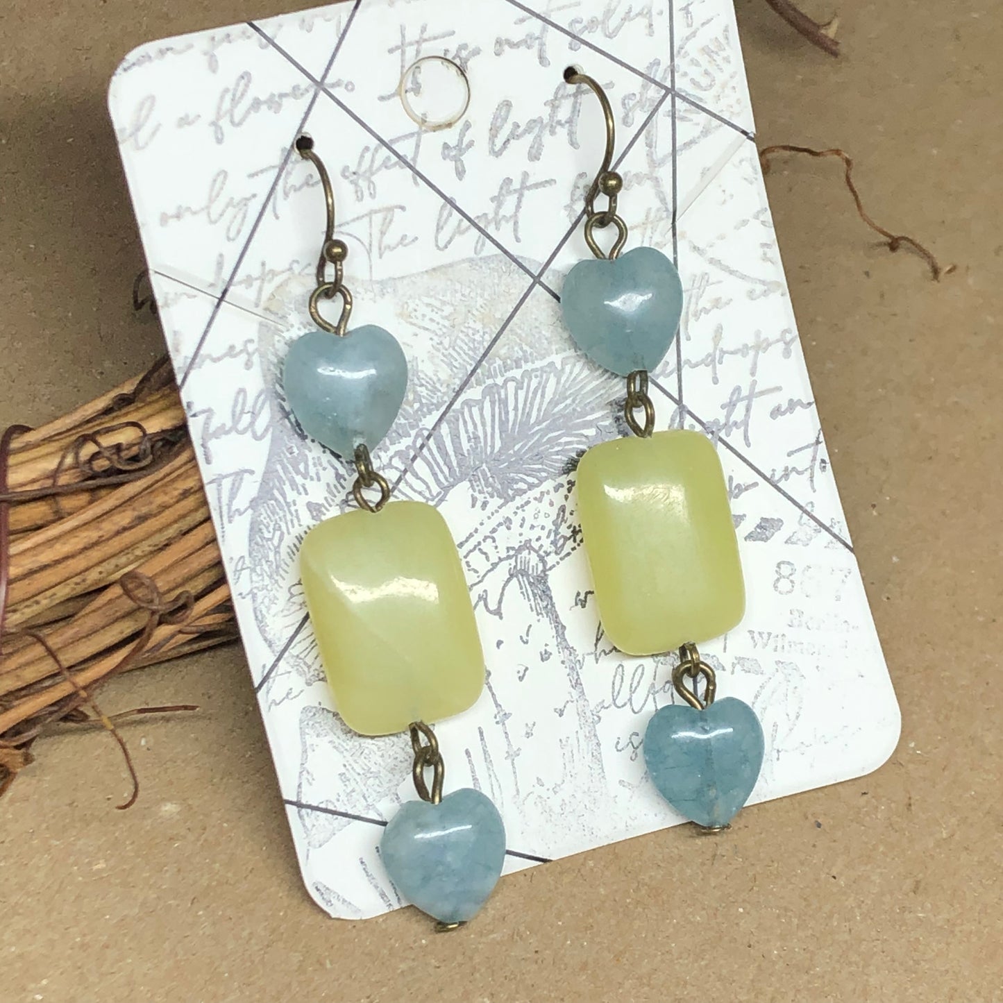 Aquamarine heart and lemon Jade earrings