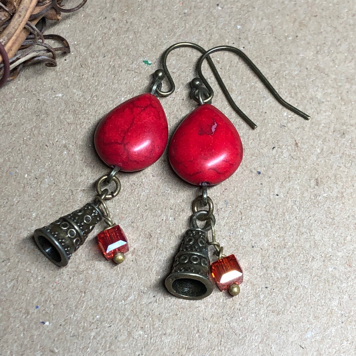 Red Howlite and crystal earrings