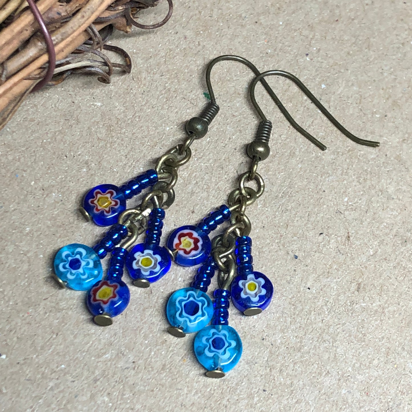 Blue Millefiori flower glass earrings