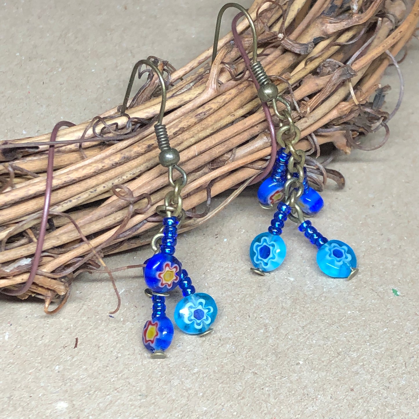 Blue Millefiori flower glass earrings