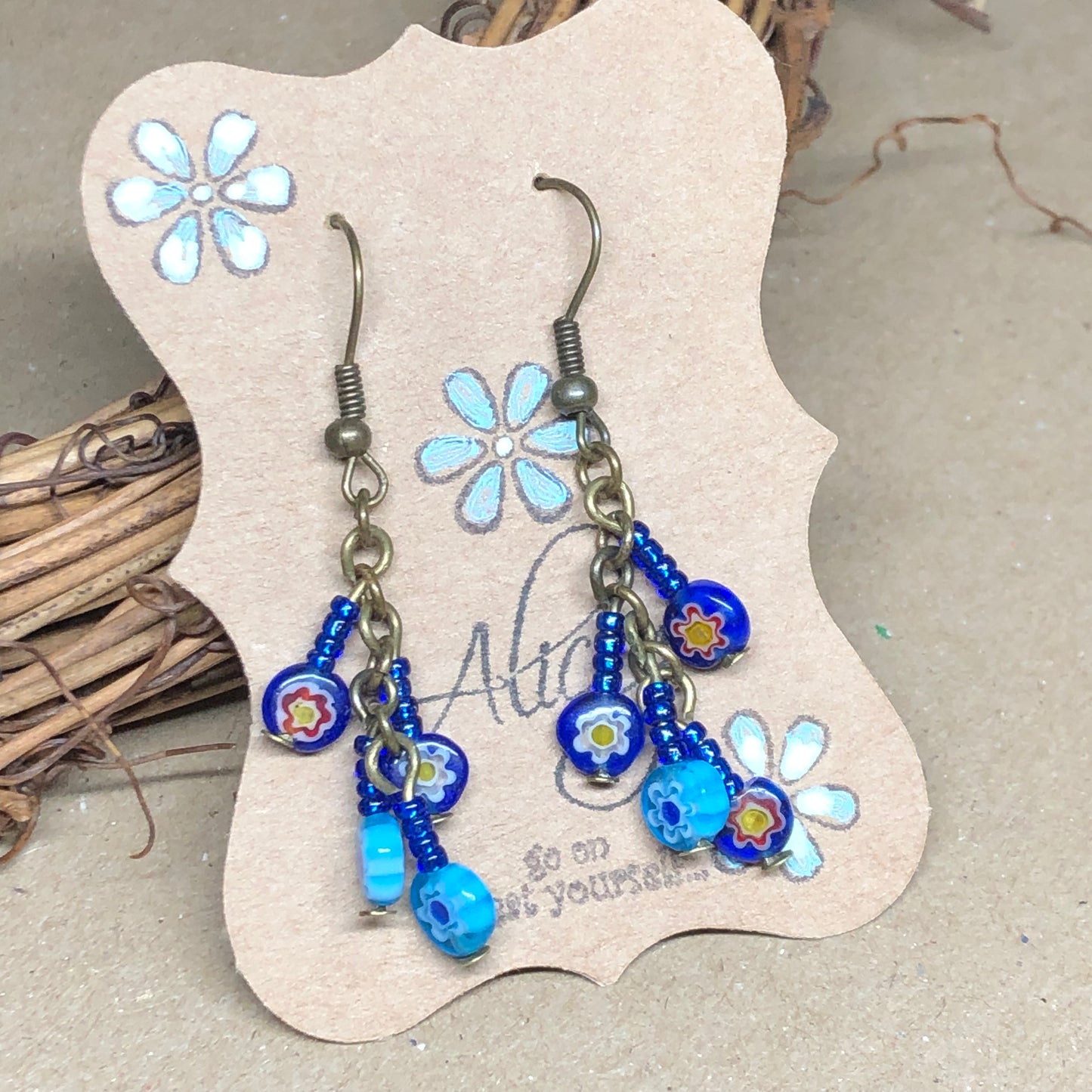 Blue Millefiori flower glass earrings