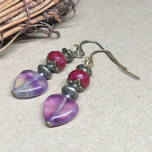 Fluorite heart and ruby earrings