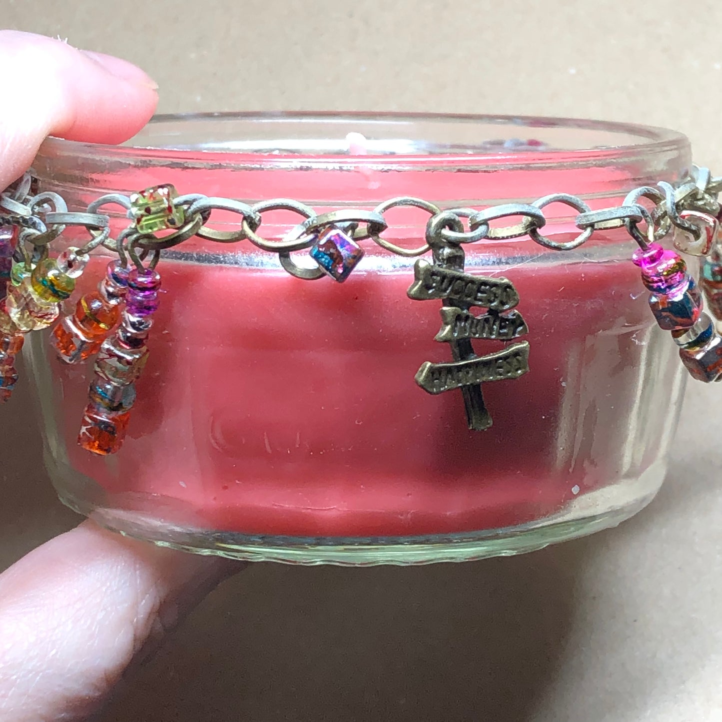 Beaded jar pink candle