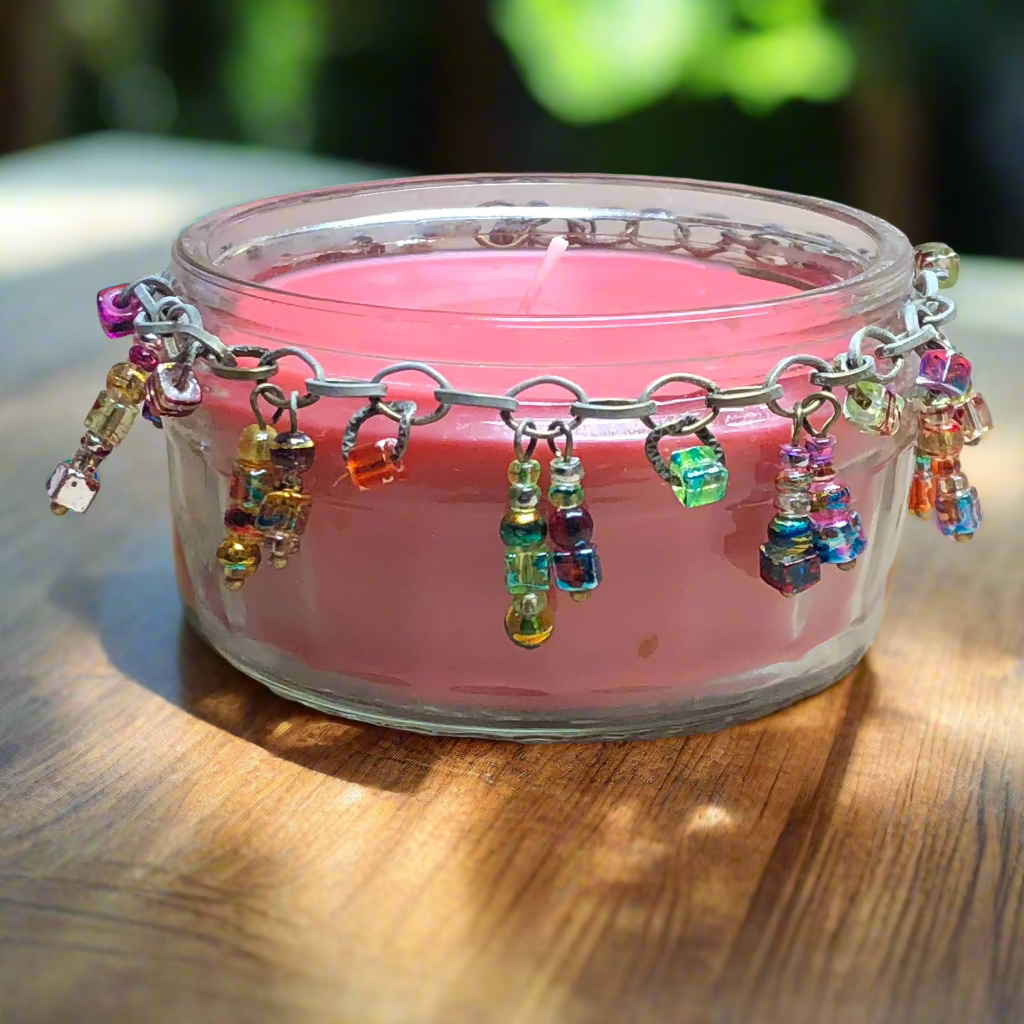 Beaded jar pink candle