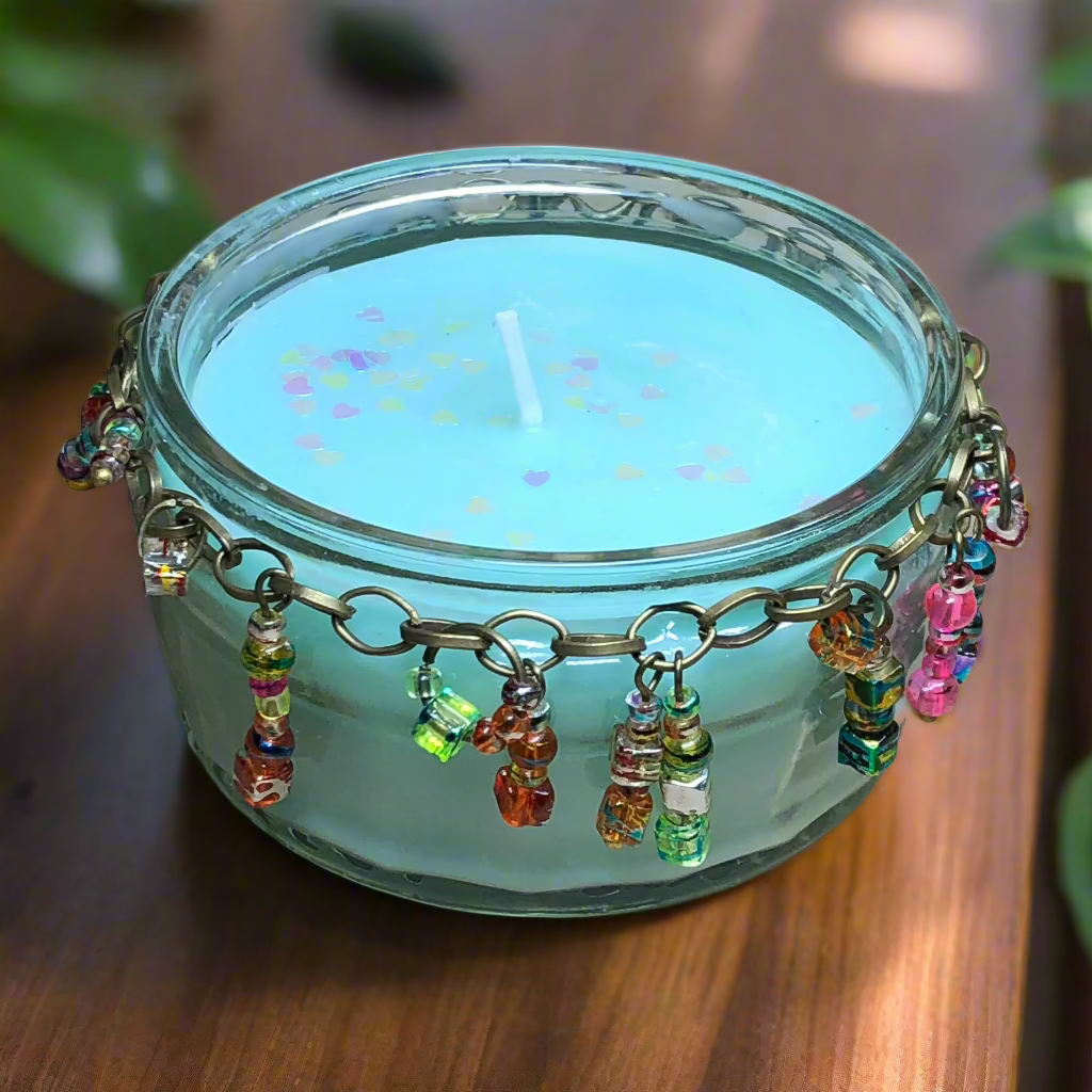 Beaded jar aqua candle