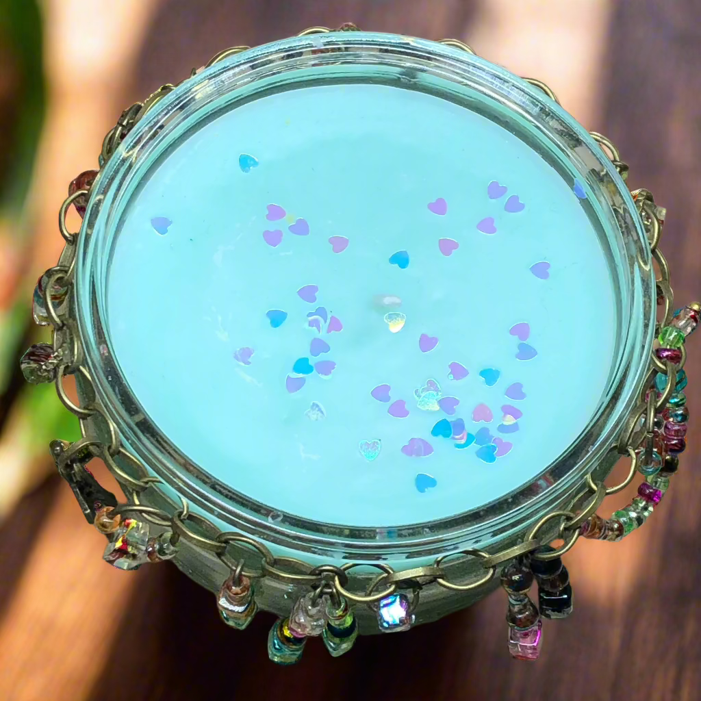 Beaded jar aqua candle