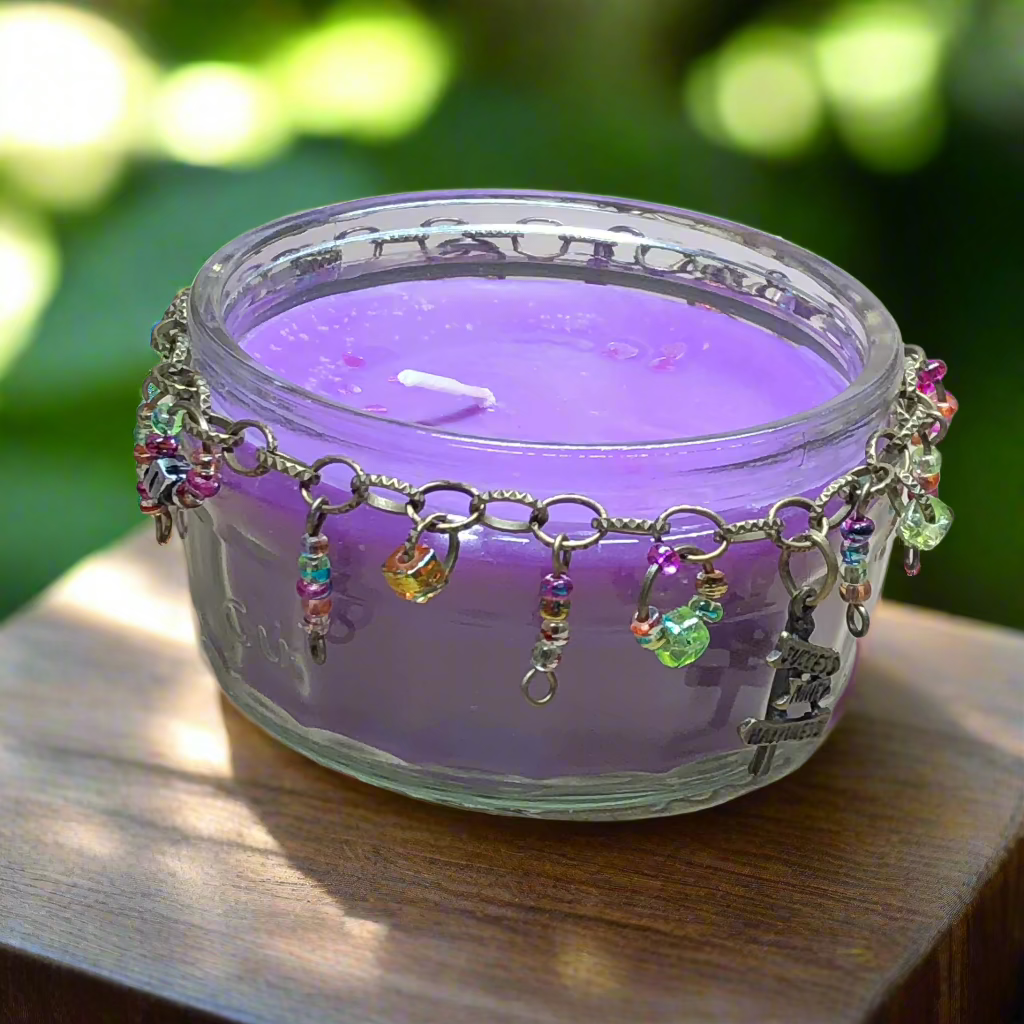 Beaded jar purple candle