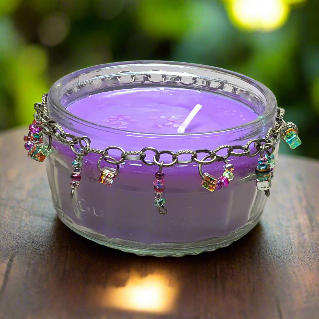 Beaded jar purple candle