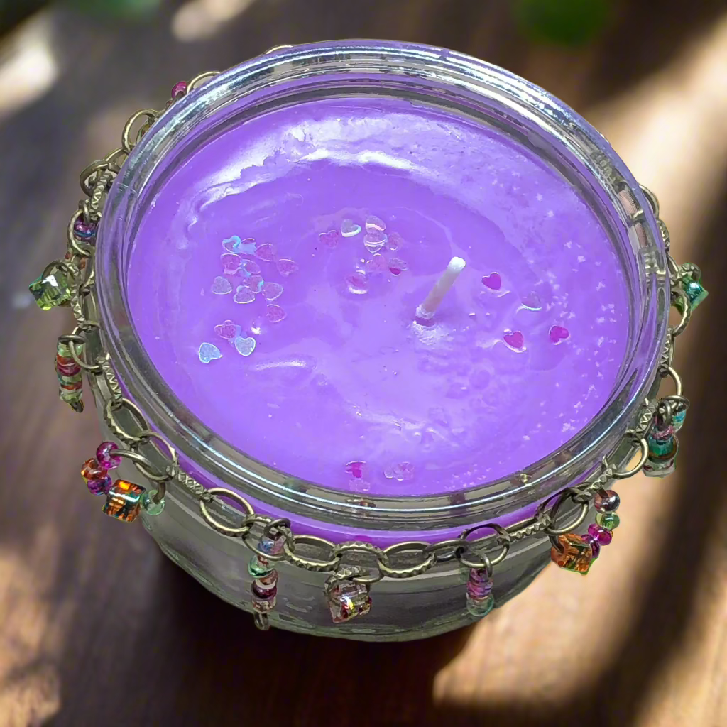 Beaded jar purple candle