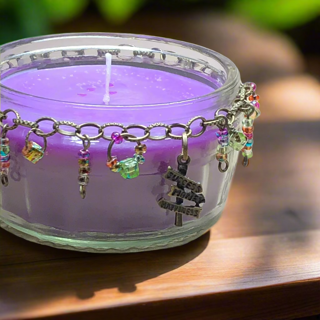 Beaded jar purple candle