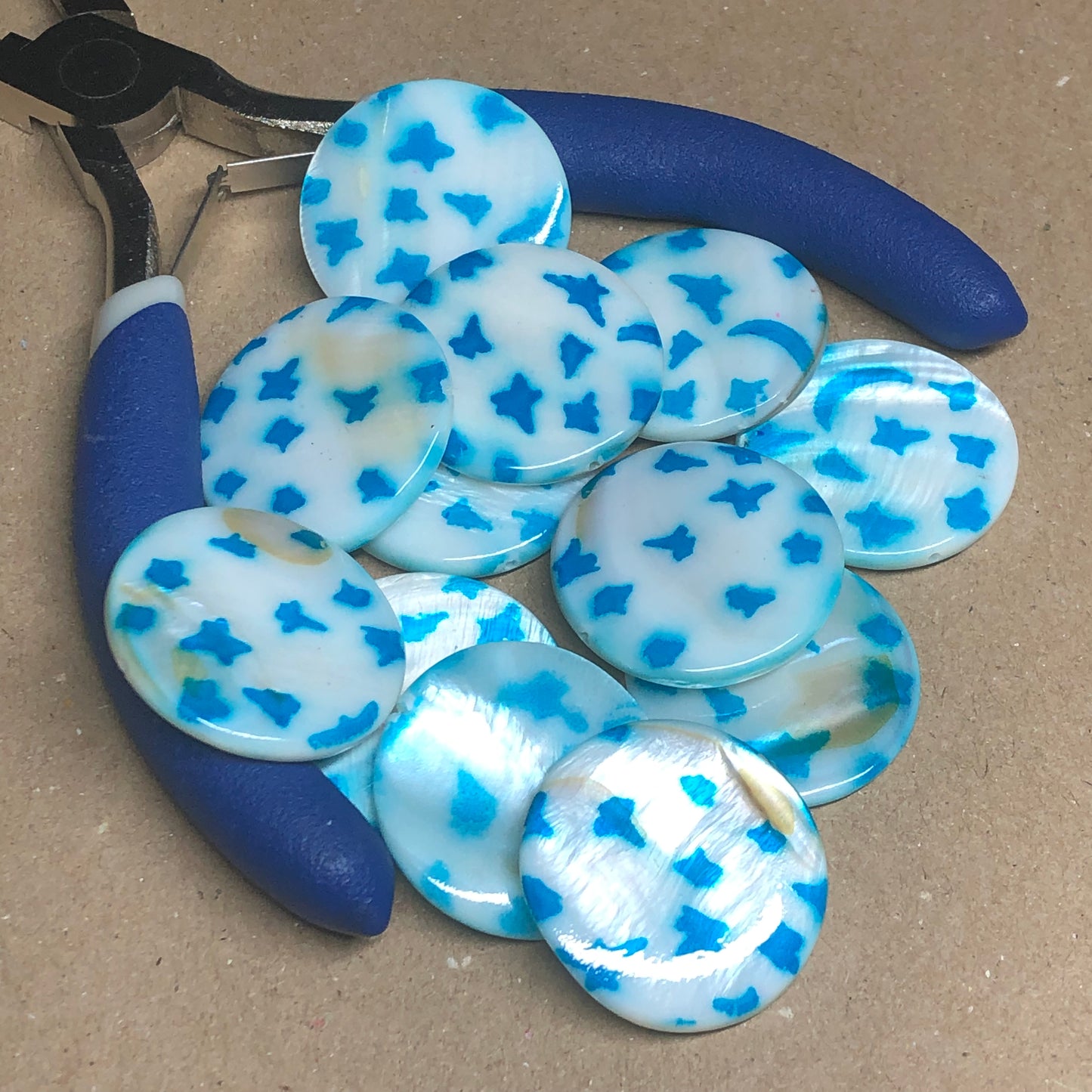 Blue star and moon printed shell beads