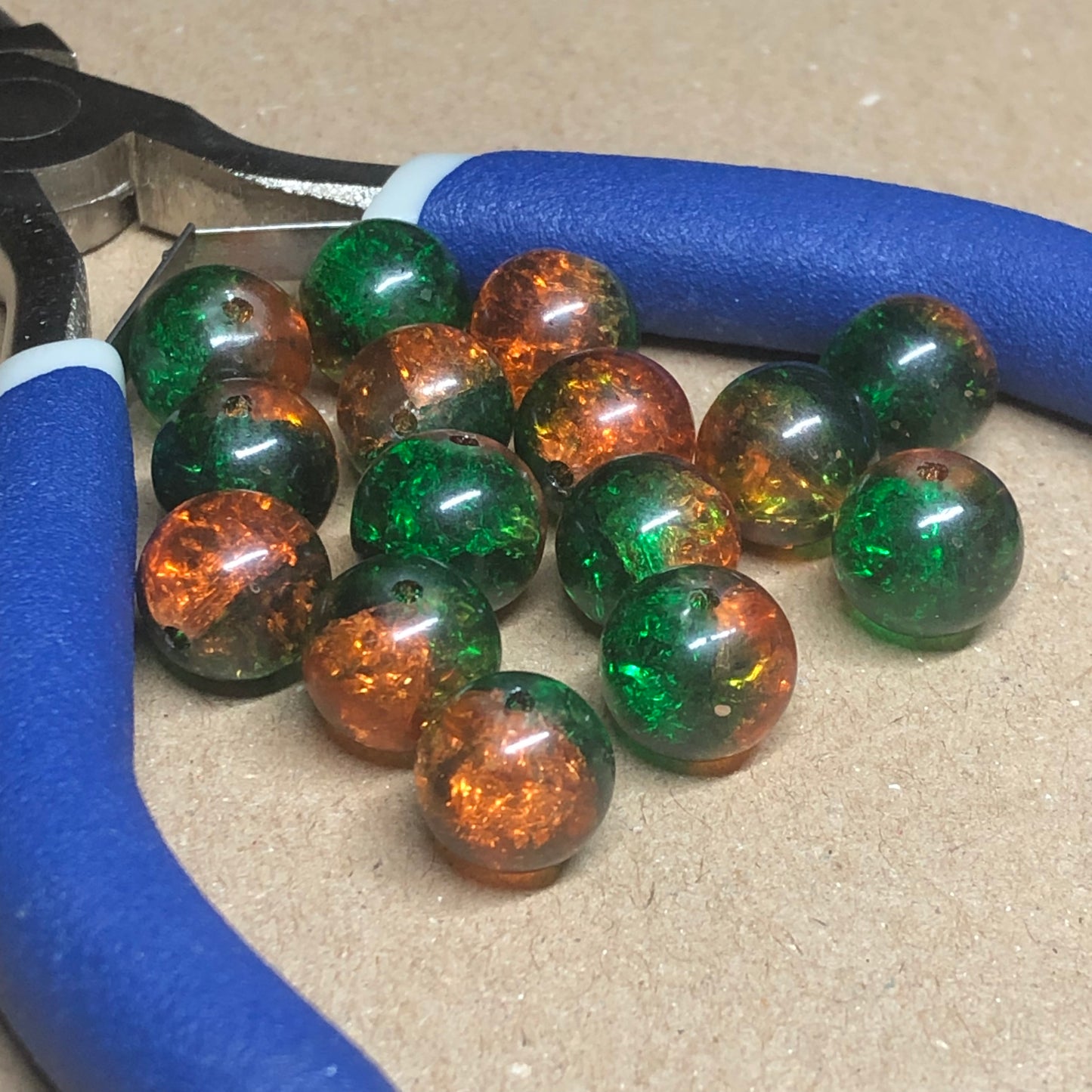 Two-tone green and brown crackle glass beads