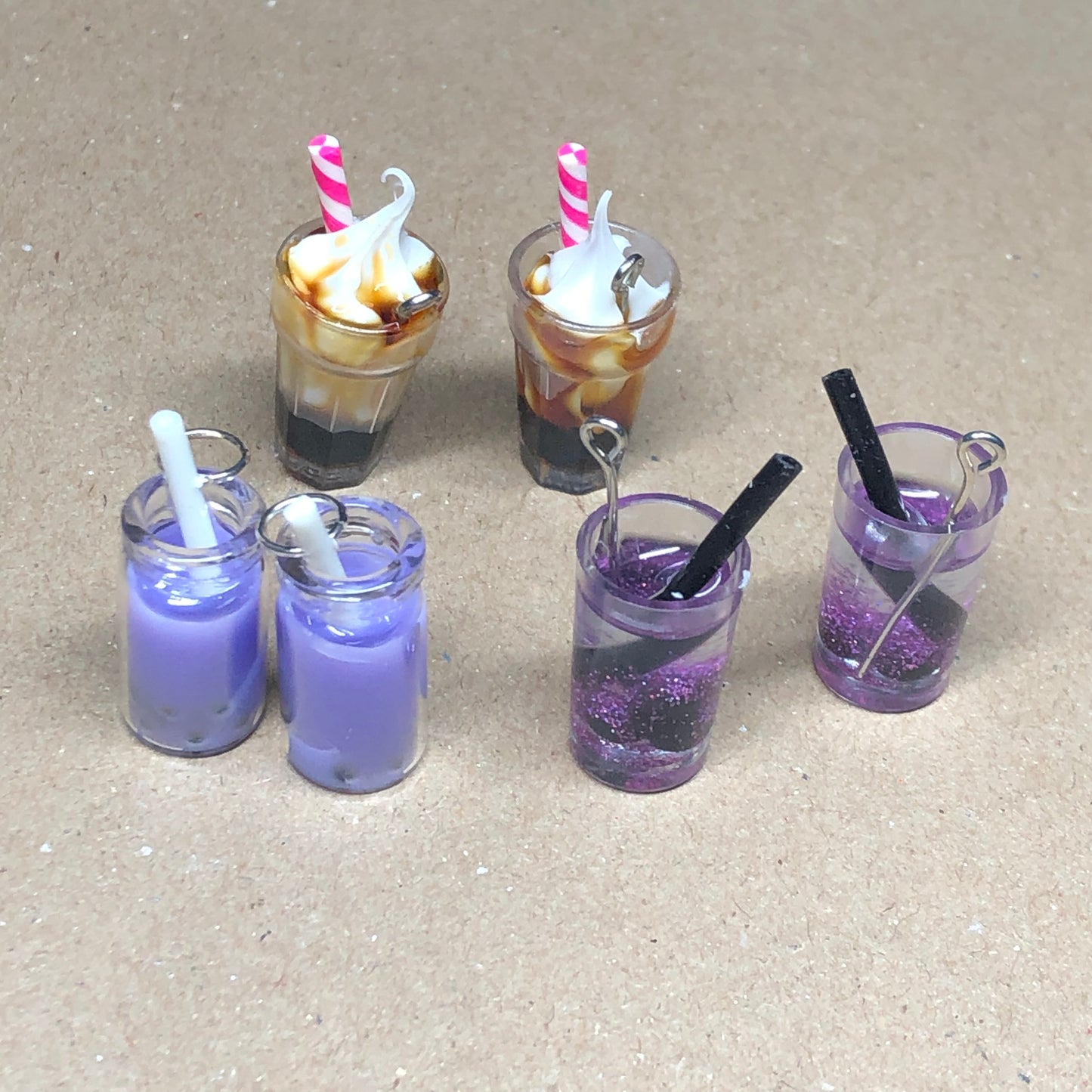 Six purple and brown ice cream sundae drink pendants