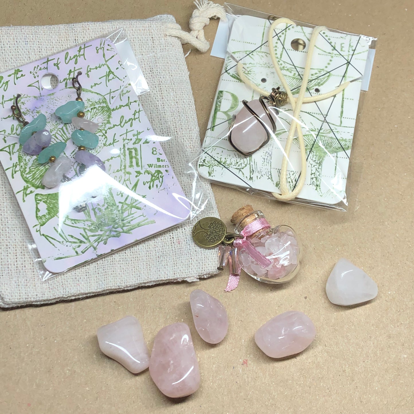 Rose Quartz handmade necklace and earrings gift set