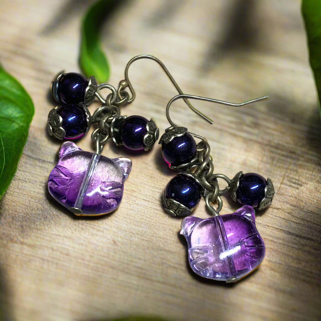 Purple glass cat cluster bronze earrings