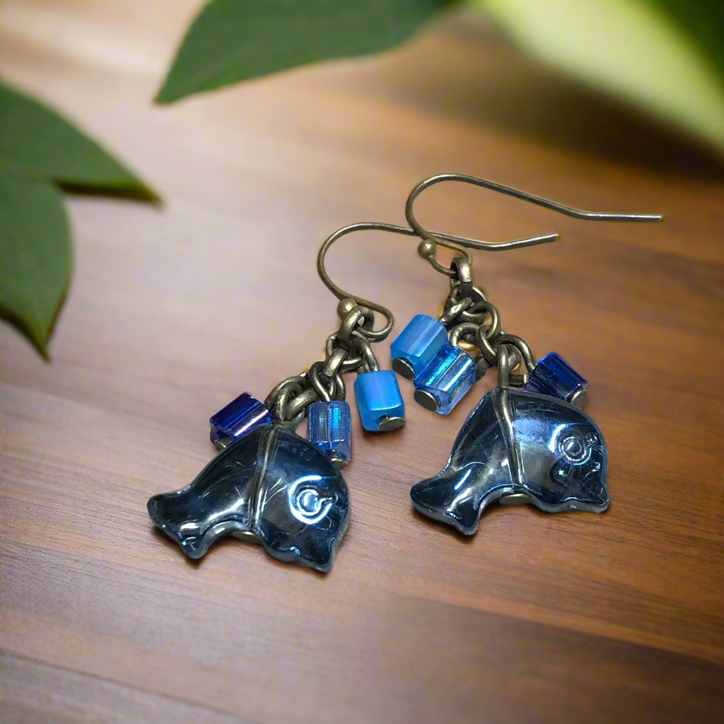 Blue glass dolphin cluster bronze earrings