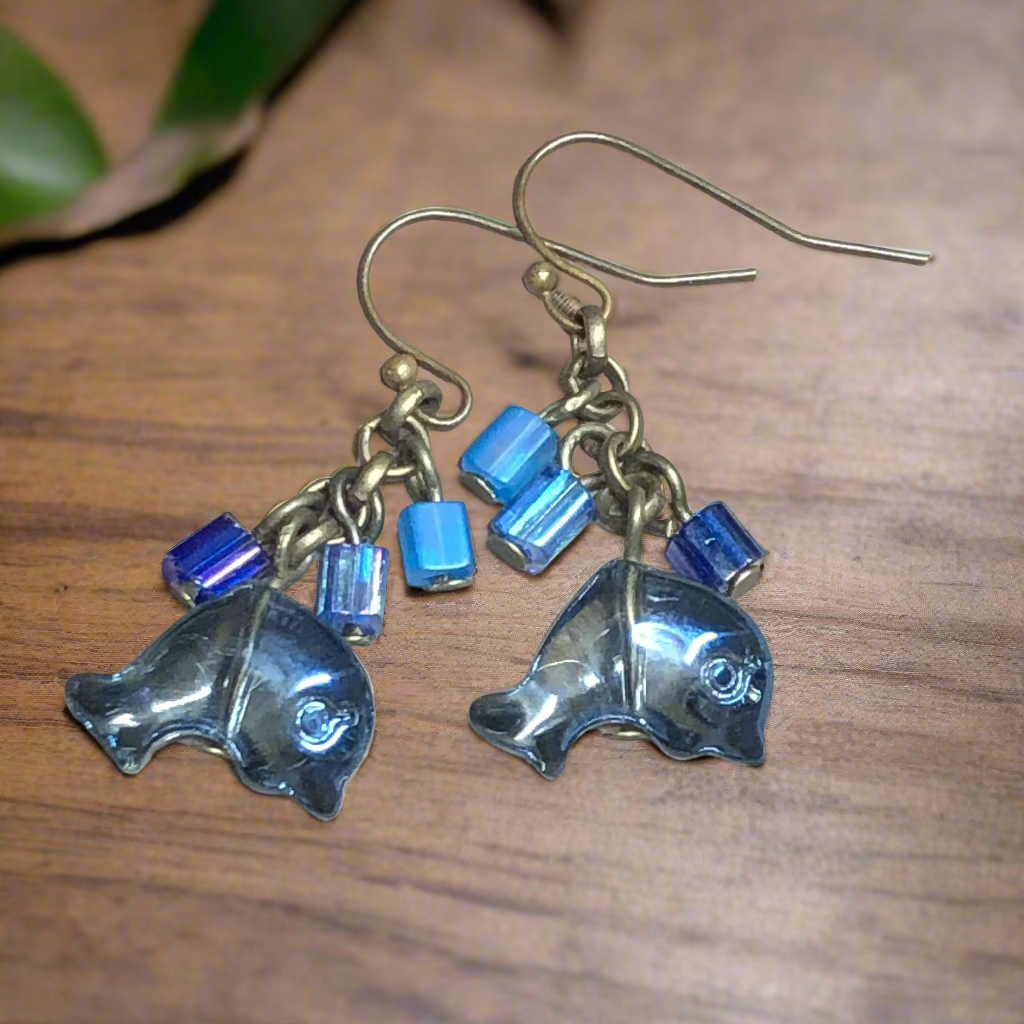 Blue glass dolphin cluster bronze earrings