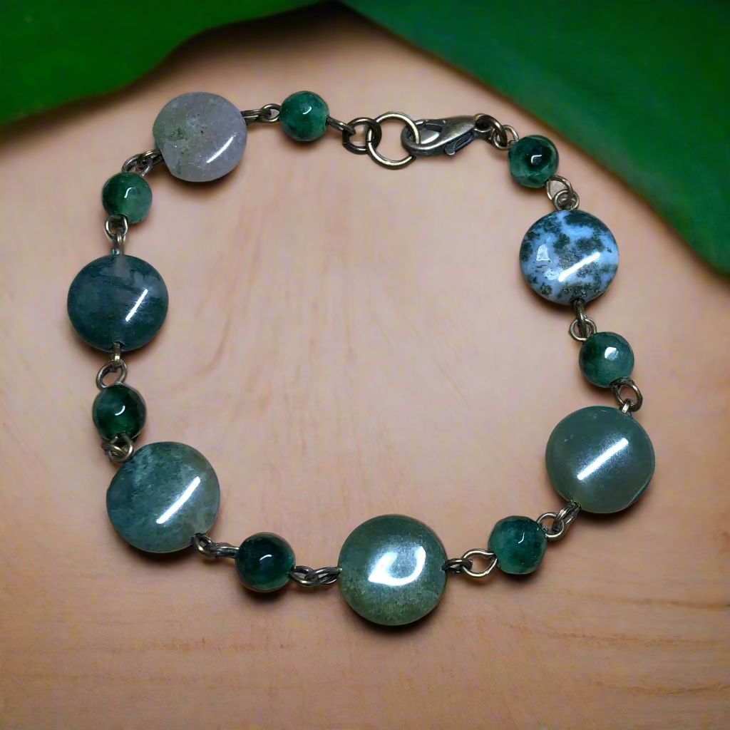 Smooth Sage - Indian and Moss Agate bronze bracelet