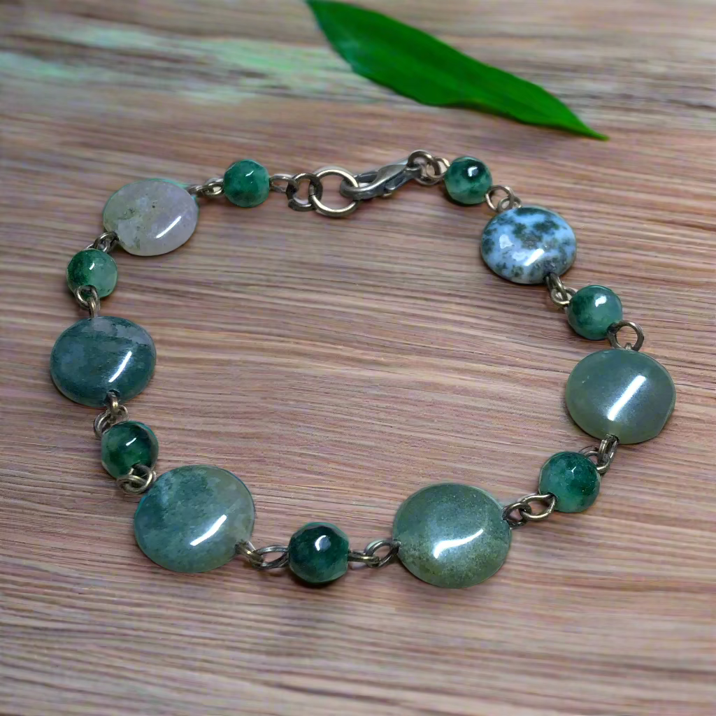 Smooth Sage - Indian and Moss Agate bronze bracelet