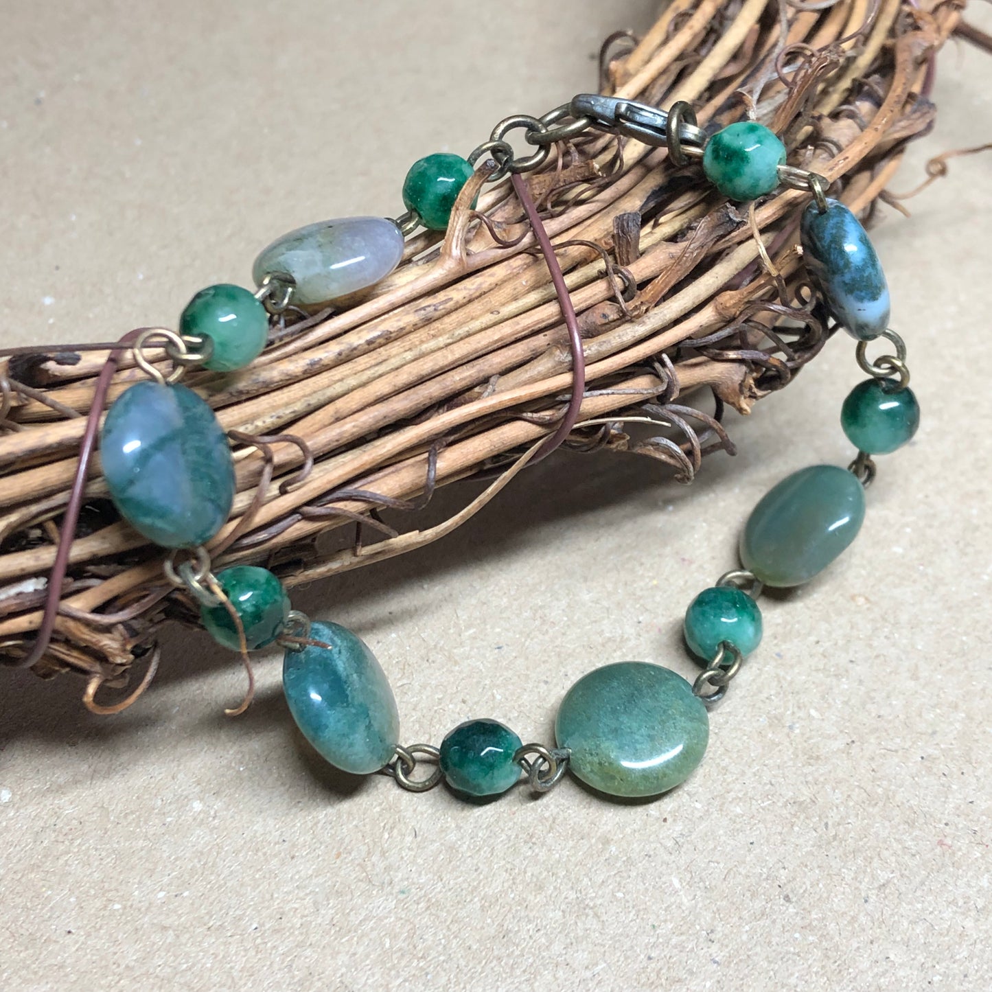 Smooth Sage - Indian and Moss Agate bronze bracelet