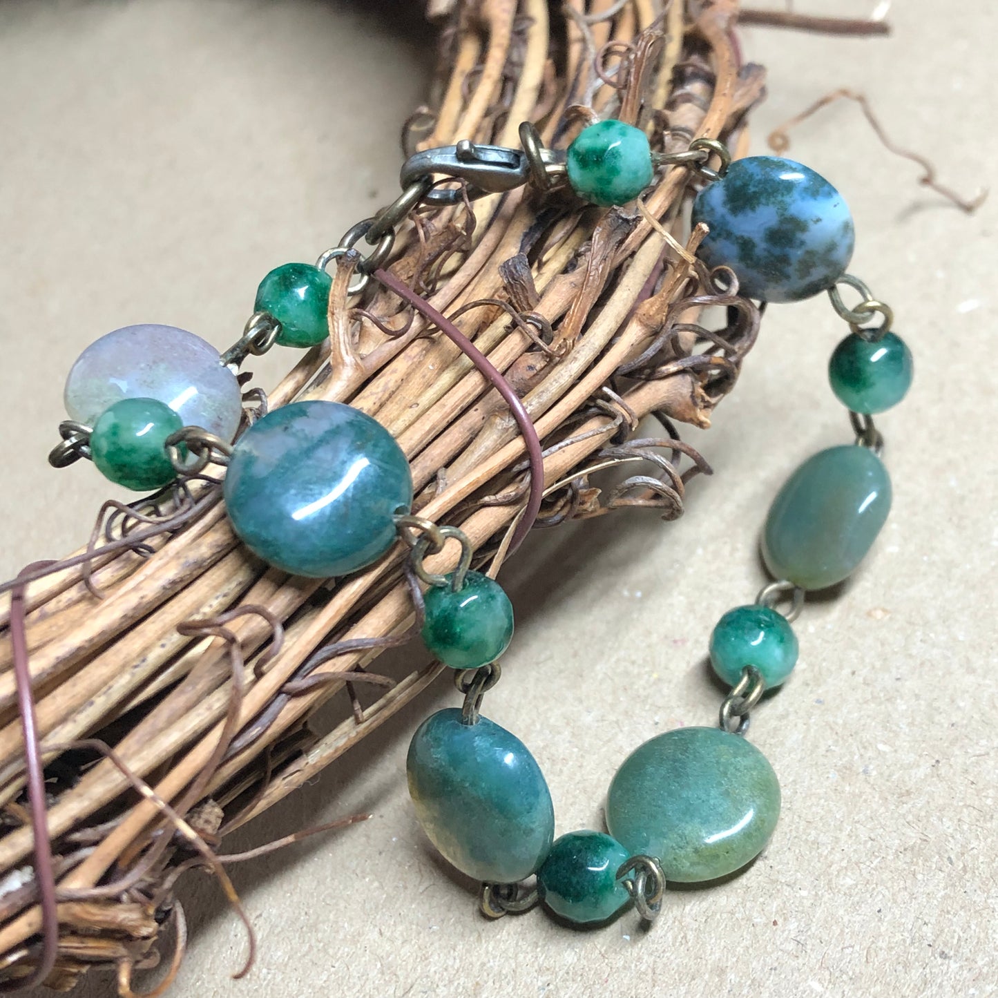 Smooth Sage - Indian and Moss Agate bronze bracelet