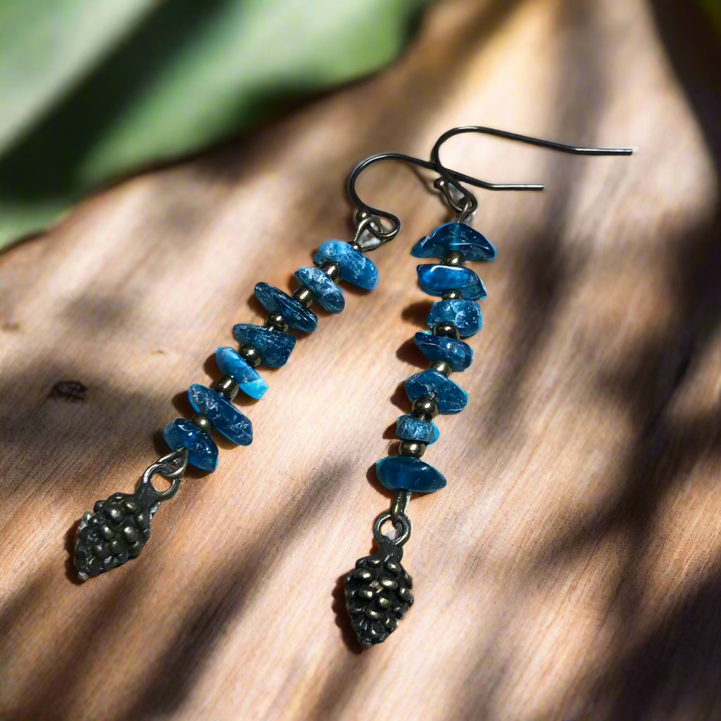 Apatite and fir cone bronze earrings