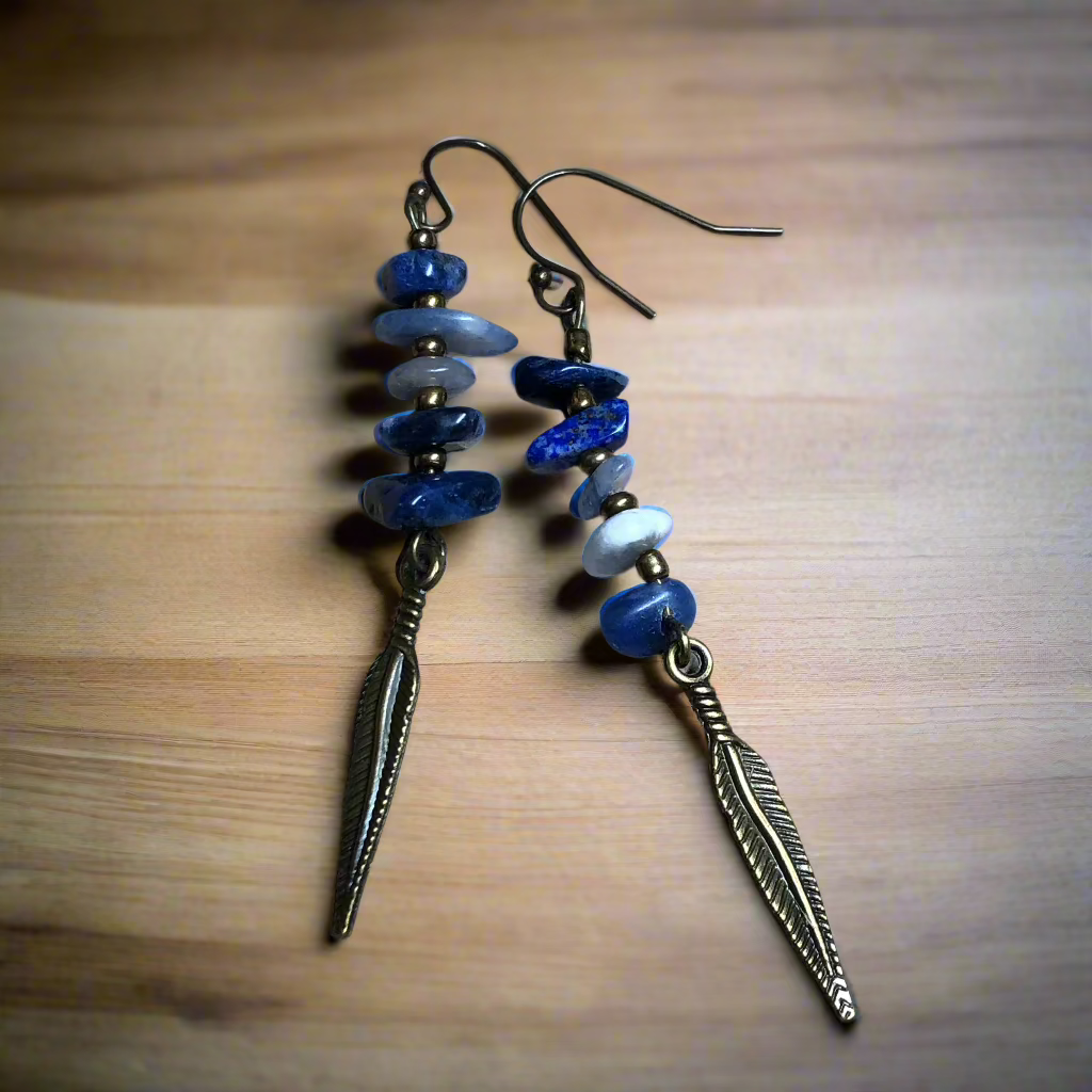 Sodalite and feather bronze earrings