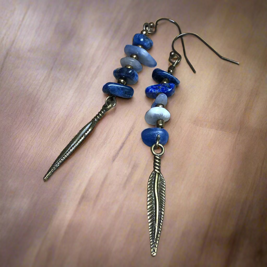 Sodalite and feather bronze earrings