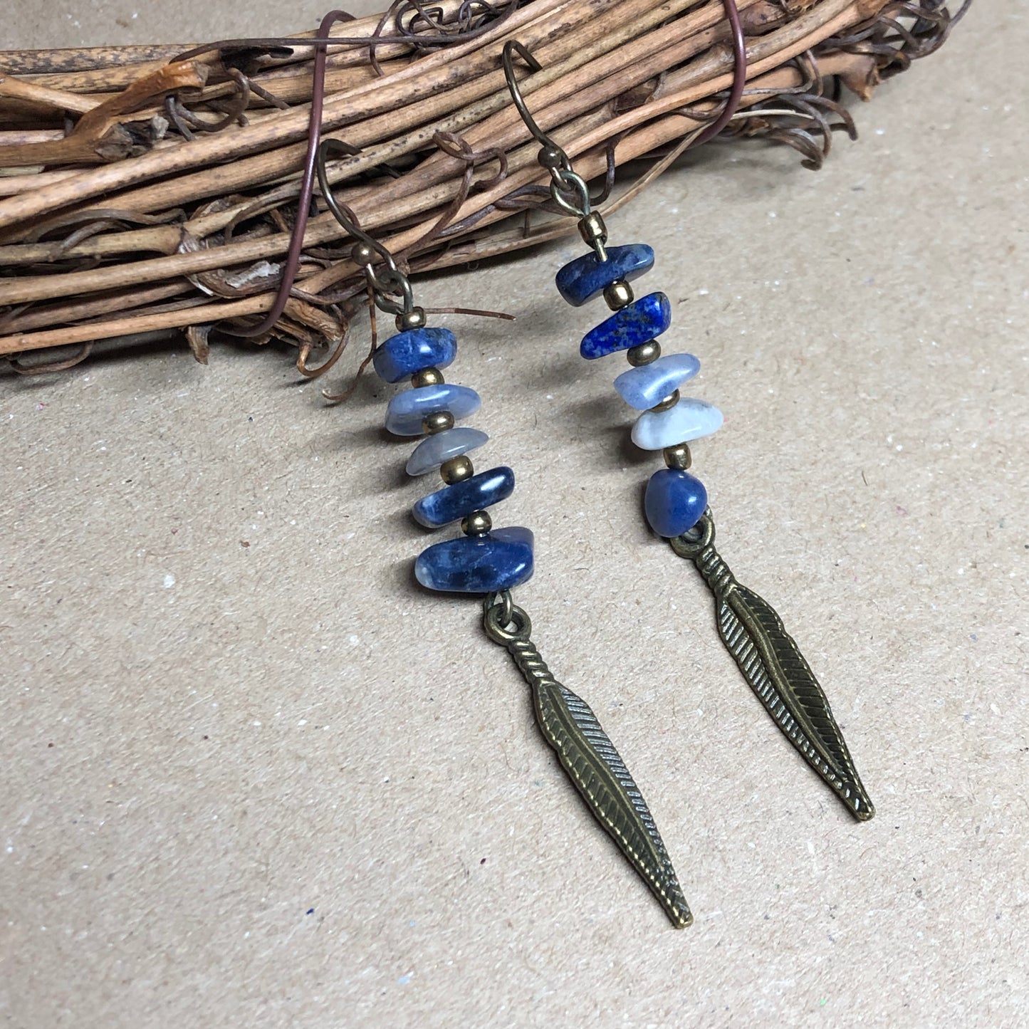 Sodalite and feather bronze earrings