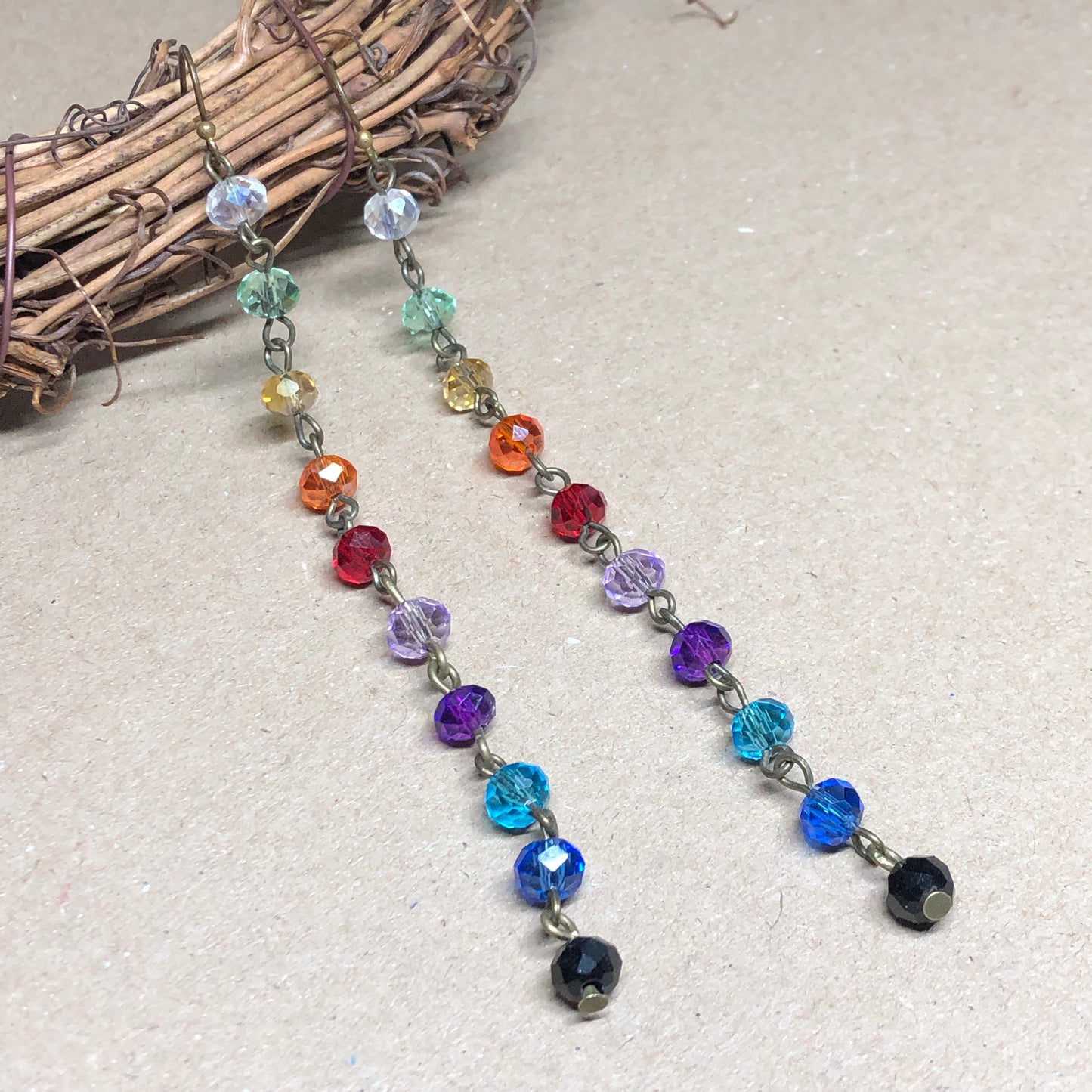 Long rainbow dangle bronze earrings