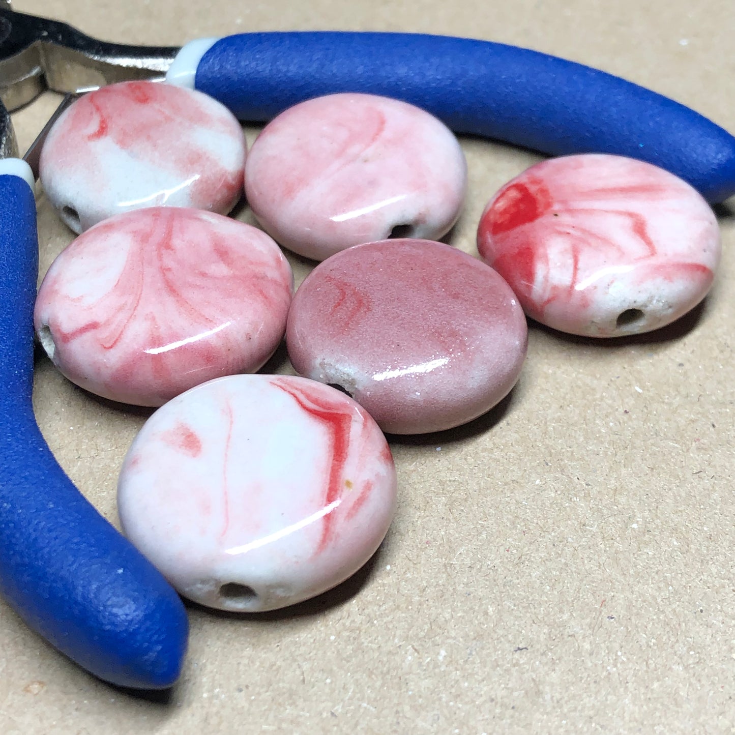 Large pink ceramic coin beads 24mm