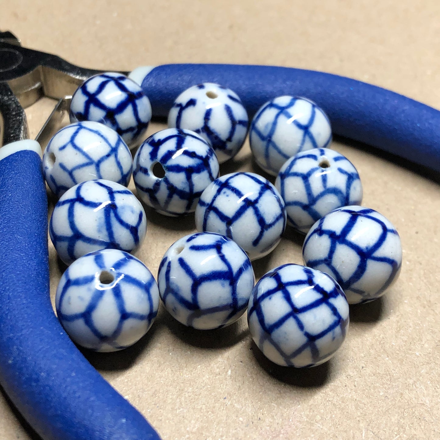 Blue chequered clay beads 12mm