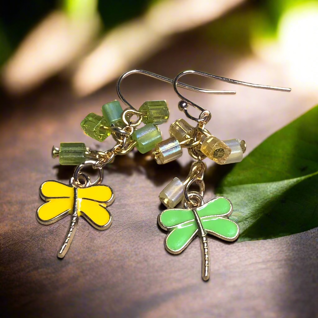 Yellow and green dragonfly earrings