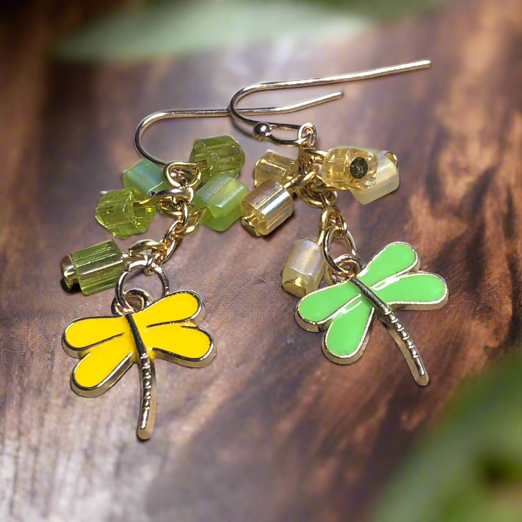 Yellow and green dragonfly earrings