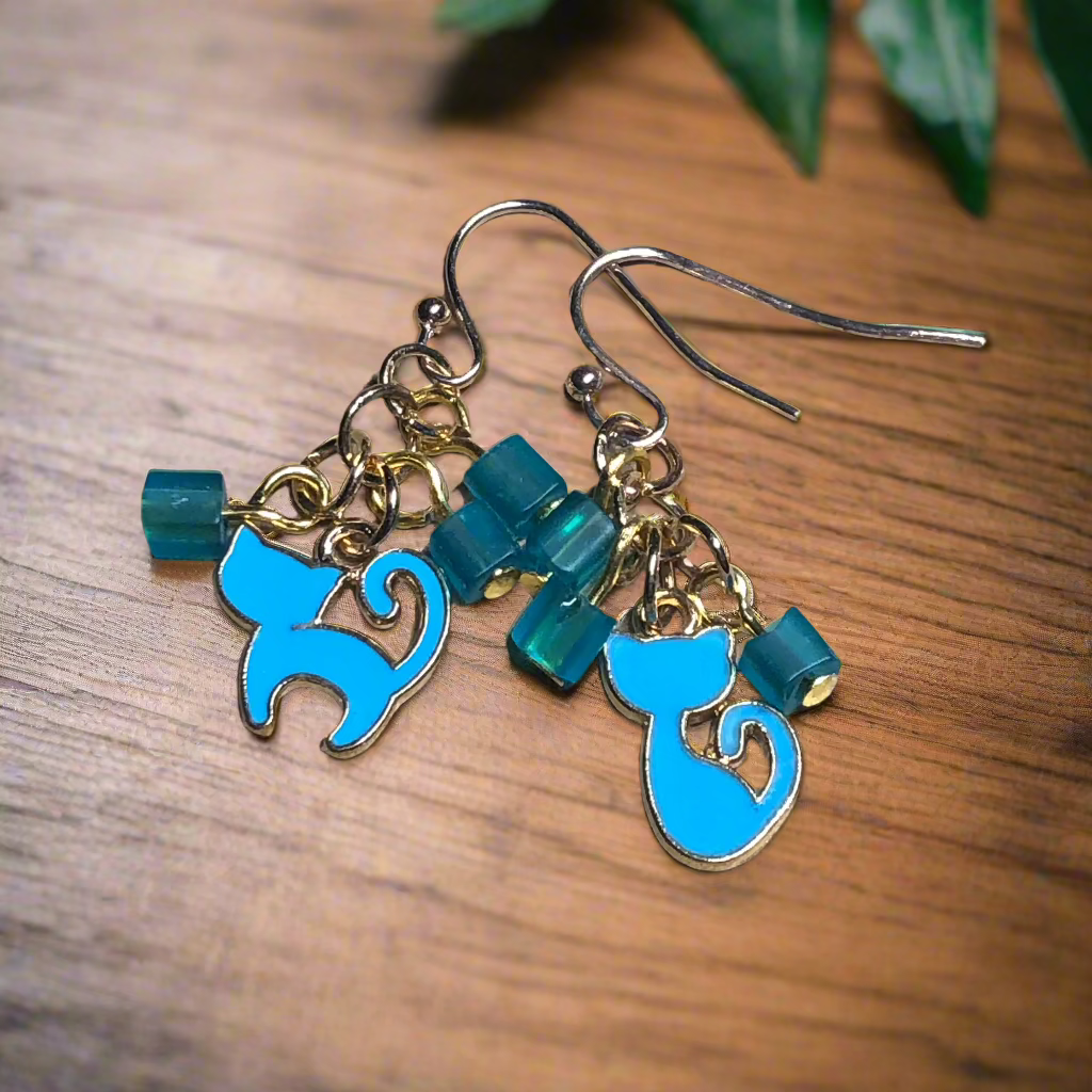 Blue enamel cat earrings