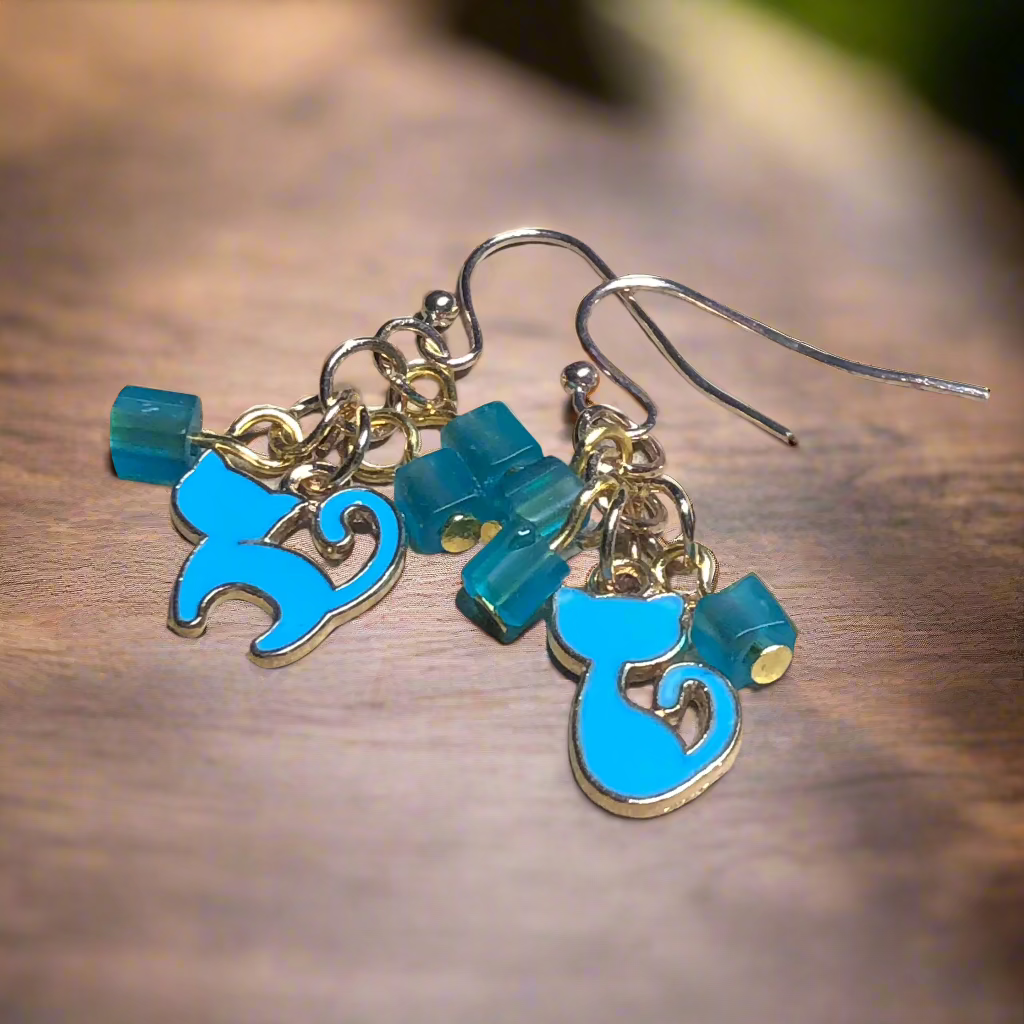 Blue enamel cat earrings