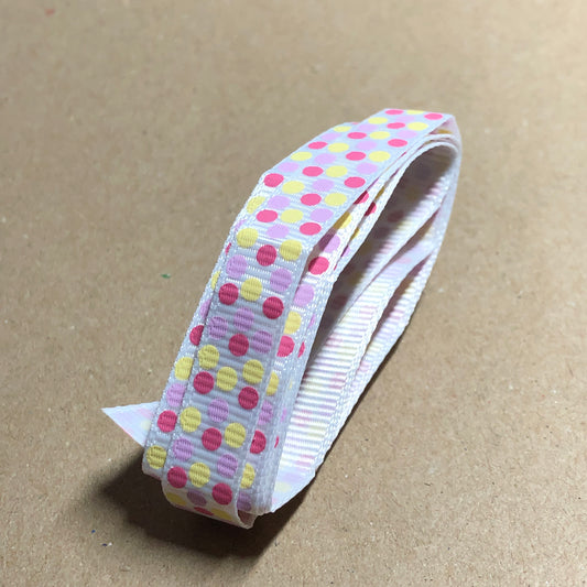 Pink and yellow dot printed grosgrain ribbon 71cm