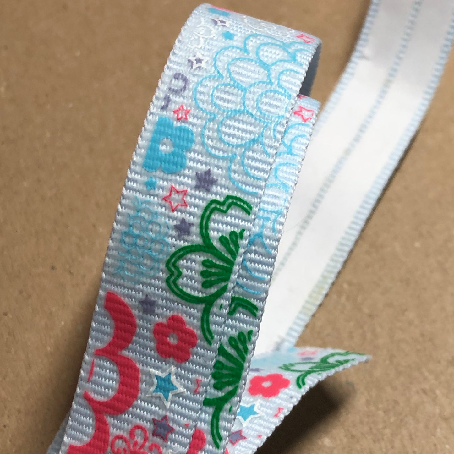 Adhesive blue flower printed grosgrain ribbon 77cm