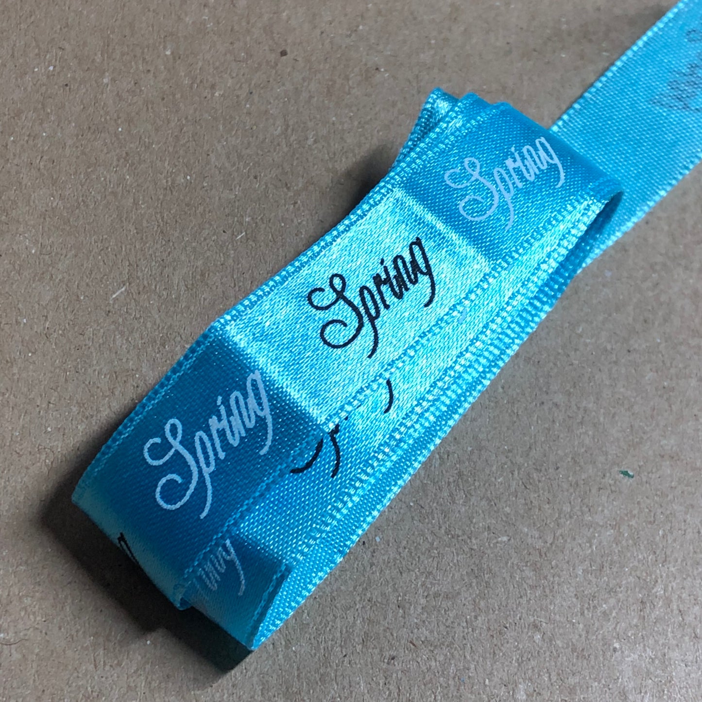 Blue satin ribbon printed with Spring 98cm