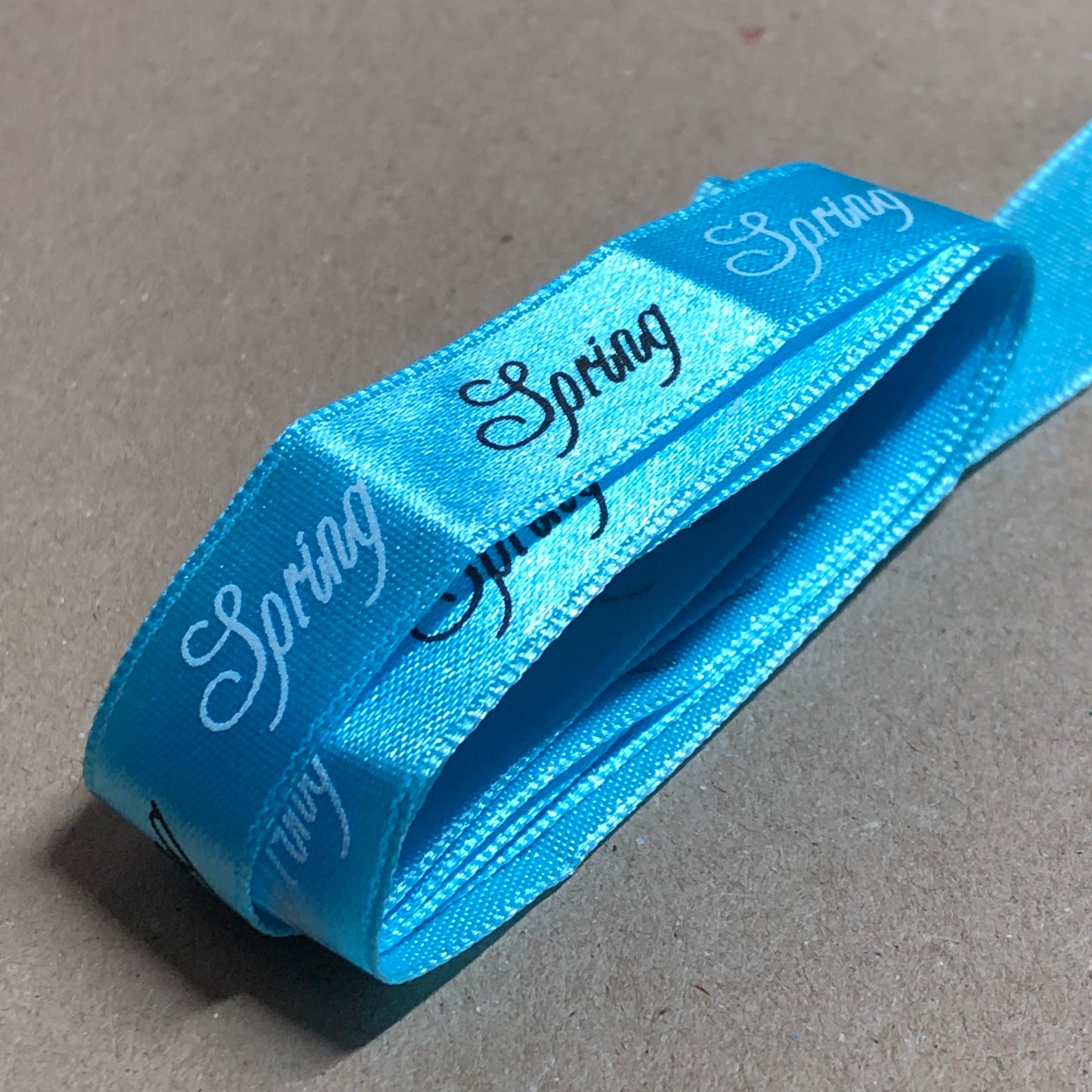 Blue satin ribbon printed with Spring 98cm